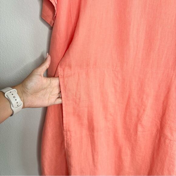 EILEEN FISHER Coral Short Sleeve Dress Size Large 100% Organic Linen - Picture 5 of 6